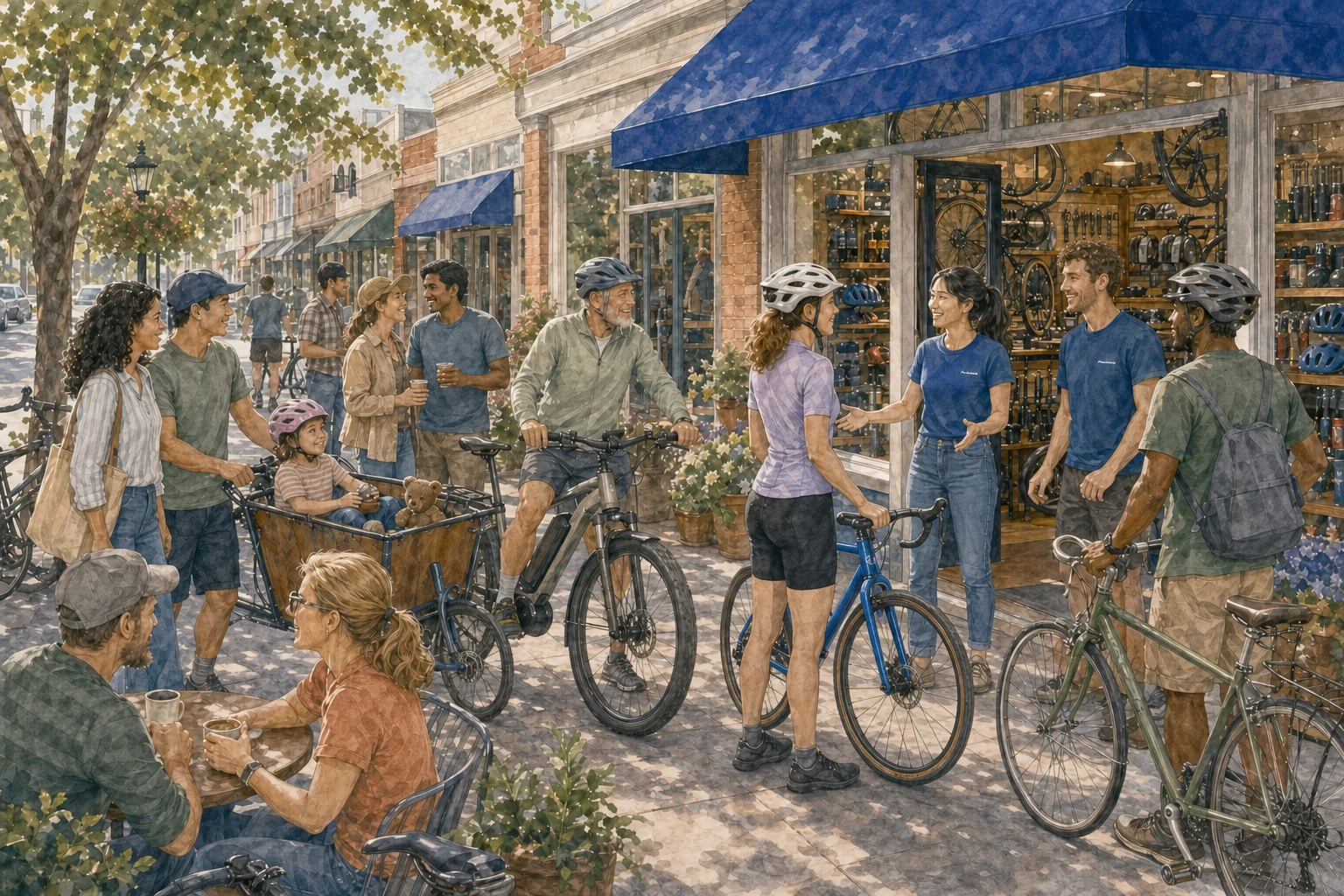 Riders, families, staff, and neighbors gather outside a thriving independent bike shop.