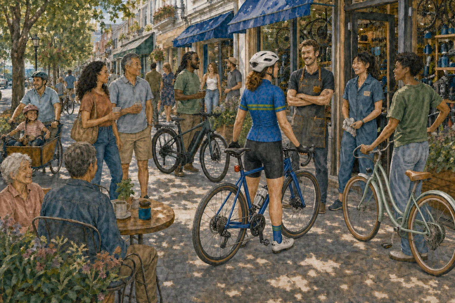 Riders, staff, families, and neighbors gather outside a thriving local bike shop.